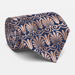 Ornate Deco Pattern Rose Gold Navy Blue Neck Tie