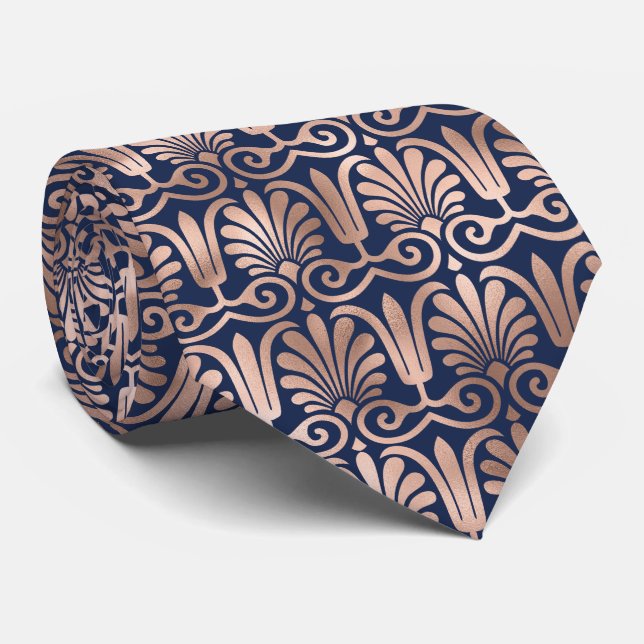 Ornate Deco Pattern Rose Gold Navy Blue Neck Tie (Rolled)