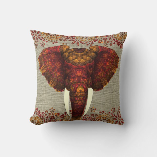 Ornate Decorated Elephant Design Throw Pillow (Front)