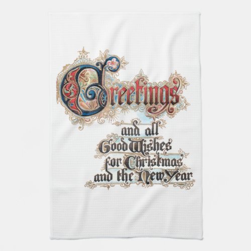 Ornate Decorative Gold Vintage Christmas Greetings Kitchen Towel