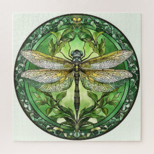 Ornate Dragonfly with Green Floral Frame  Jigsaw Puzzle