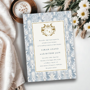 Ornate Dusky Blue Gold Damask Watercolor Wedding Invitation