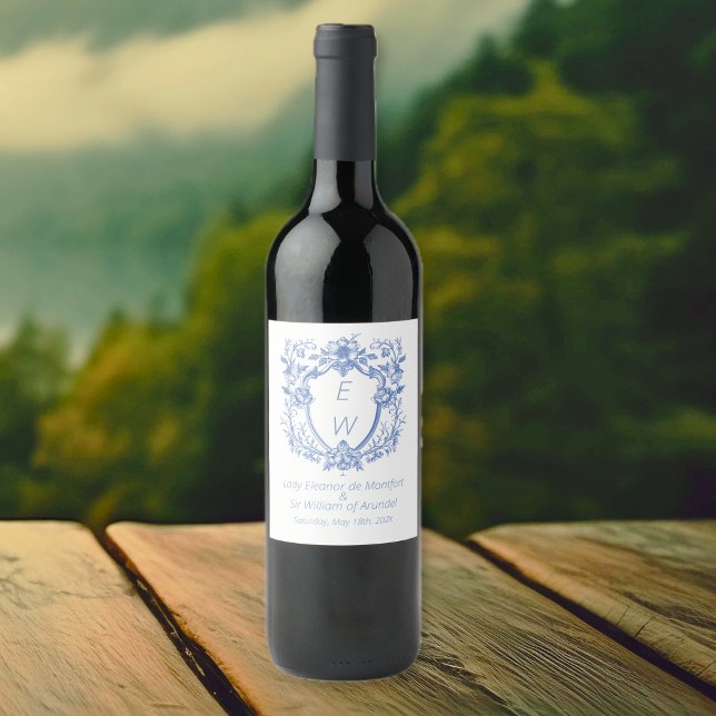 Ornate Dusty Blue Crest Monogram Wedding Wine Label (Ornate Dusty Blue Crest Monogram Wedding Wine Bottle Labels)