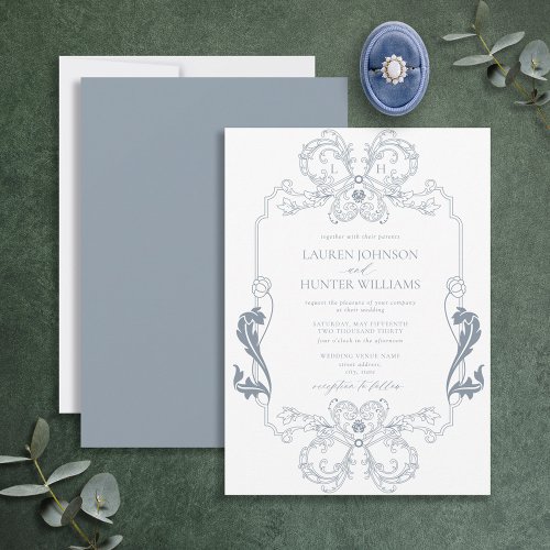 Ornate Dusty Blue Floral Line Art Monogram  Invita Invitation