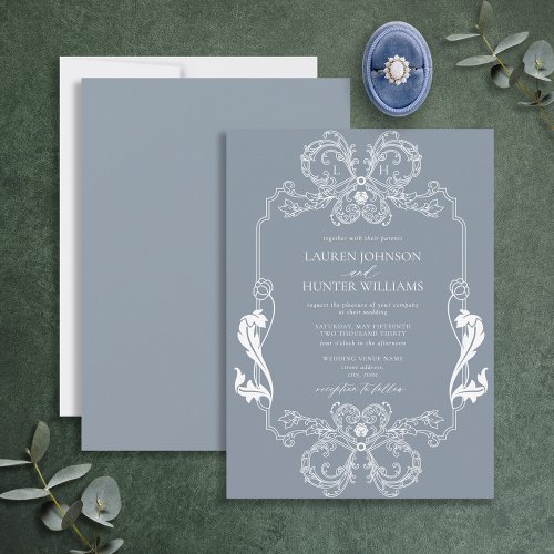 Ornate Dusty Blue Floral Line Art Monogram Wedding Invitation