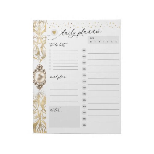Ornate Elegance  Gold Pearl Jewel Daily Planner Notepad