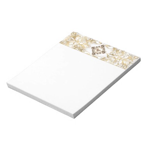 Ornate Elegance  Gold Pearl Jewel Emblem Flourish Notepad