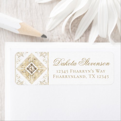 Ornate Elegance  White and Gold Jeweled Address Label