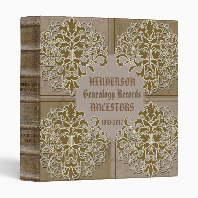 Ornate Elegant Beige Genealogy 3 Ring Binder (Front/Spine)