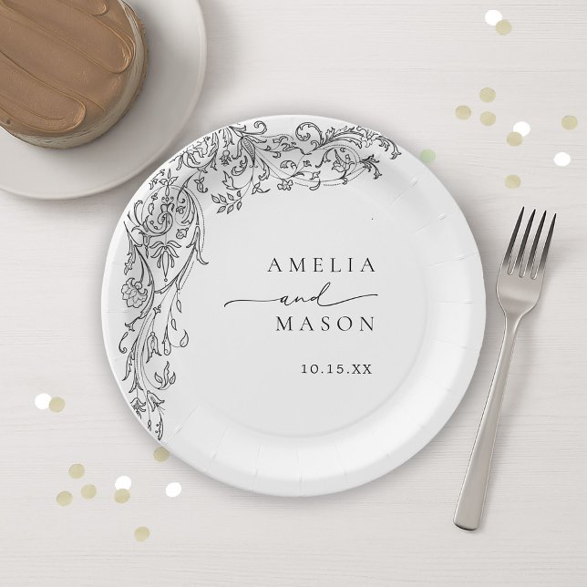 Ornate Elegant Black and White Paper Wedding Paper Plates (Ornate Elegant Black and White Paper Wedding Paper Plates)