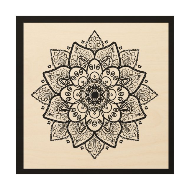 Ornate Elegant Black Mandala On White Wood Wall Art (Front)