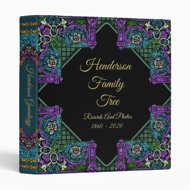 Ornate Elegant Blue And Black Genealogy 3 Ring Binder (Front/Spine)