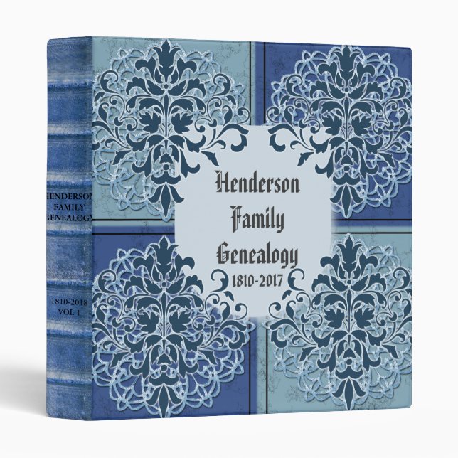 Ornate Elegant Blue Genealogy 3 Ring Binder (Front/Spine)