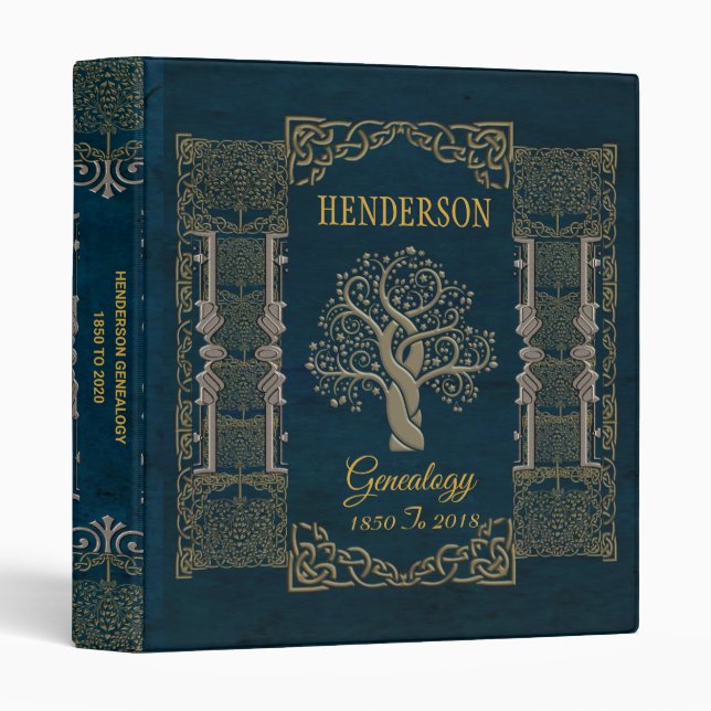 Ornate Elegant Blue Genealogy Family Tree Album 3 Ring Binder (Front/Spine)