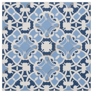 Ornate Elegant Damask Classic Blue And White Fabric