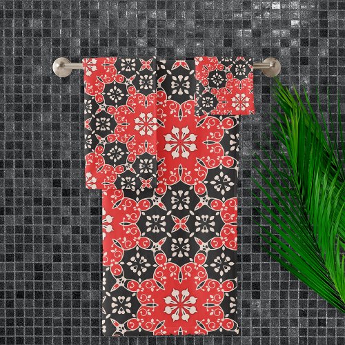Ornate Elegant Lacy Mosaic Red Black and White Bath Towel Set