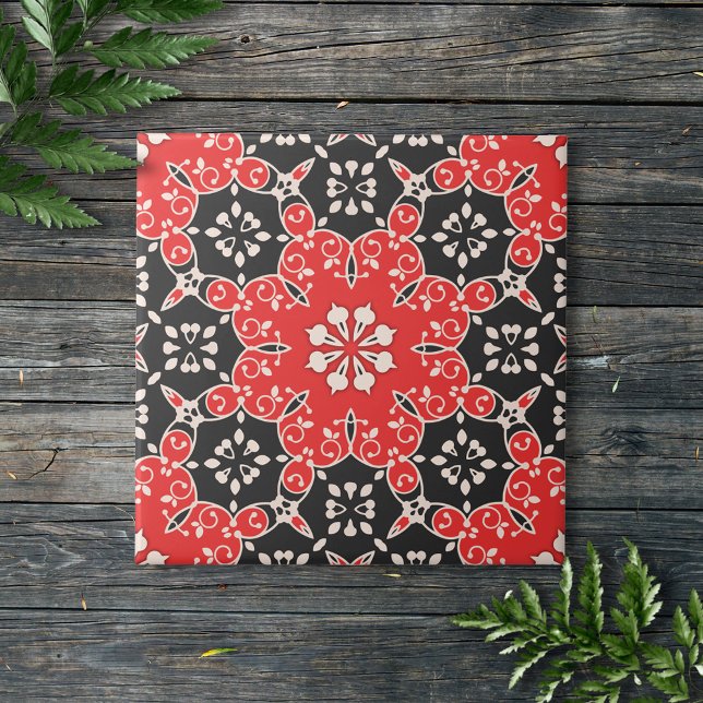 Ornate Elegant Lacy Mosaic Red Black and White Ceramic Tile (Creator Uploaded)