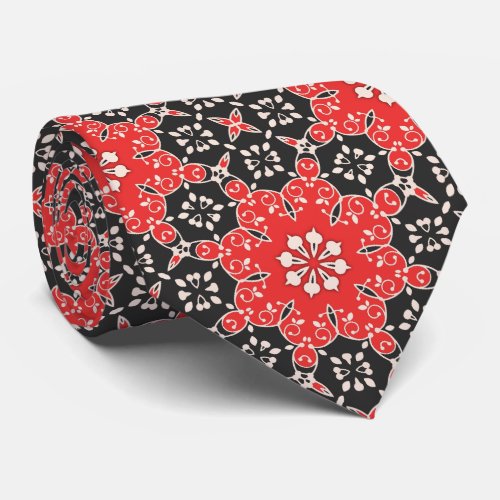 Ornate Elegant Lacy Mosaic Red Black and White Neck Tie