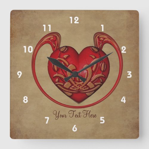 Ornate Elegant Red Heart Design Square Wall Clock