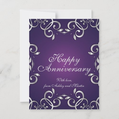 Ornate Elegant Silver And Purple Happy Anniversary Card