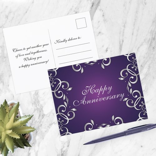 Ornate Elegant Silver And Purple Happy Anniversary Postcard