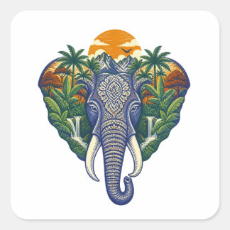 Ornate Elephant Jungle Art – Tropical Wildlife Sun Square Sticker