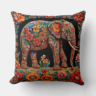 Ornate Elephant With Vibrant Floral Patterns Throw Pillow
