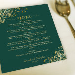 Ornate Emerald Green & Gold Budget Wedding Menu<br><div class="desc">These beautiful wedding menus are simple,  elegant,  and stylish while still being budget friendly and affordable. They feature a classy and glamorous design with lacy golden faux foil frills and script calligraphy on an emerald green background. The back is a beautiful marbled gold color.</div>