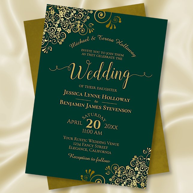 Ornate Emerald Green & Gold Elegant Formal Wedding Invitation (Creator Uploaded)