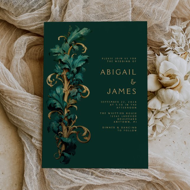Ornate Emerald Green Gold Rococo Foliage Wedding Invitation (An ideal choice for an emerald green and gold vintage themed wedding.)