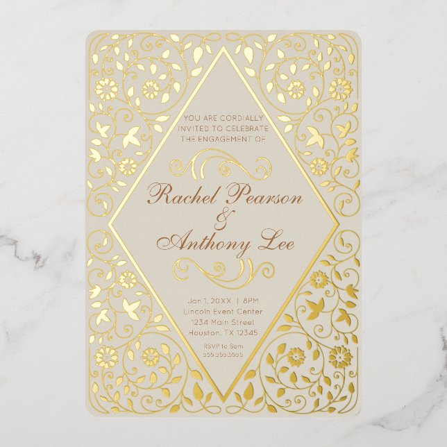 Ornate Engagement Party Botanical Foil Invitation  (Front)