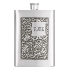 Ornate Engraved Vintage Scrolls Monogram Flask