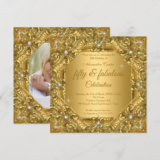 Ornate Fabulous 50th Photo Gold on Gold Party Invitation (Front/Back)