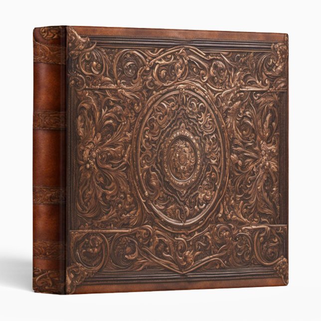 Ornate Faux Brown Tooled Leather Photo Album  3 Ring Binder (Front/Spine)