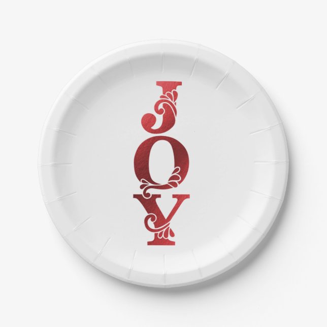 Ornate Faux-foiled JOY Christmas Holiday Paper Plates (Front)
