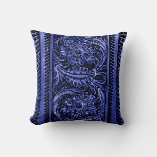 Ornate Faux Tooled Leather Floral  cobalt blue Throw Pillow
