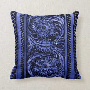 Ornate Faux Tooled Leather Floral cobalt blue Throw Pillow