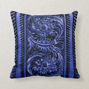 Ornate Faux Tooled Leather Floral   cobalt blue Throw Pillow