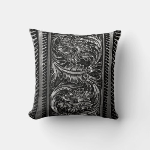 Ornate Faux Tooled Leather Floral  gunmetal Throw Pillow