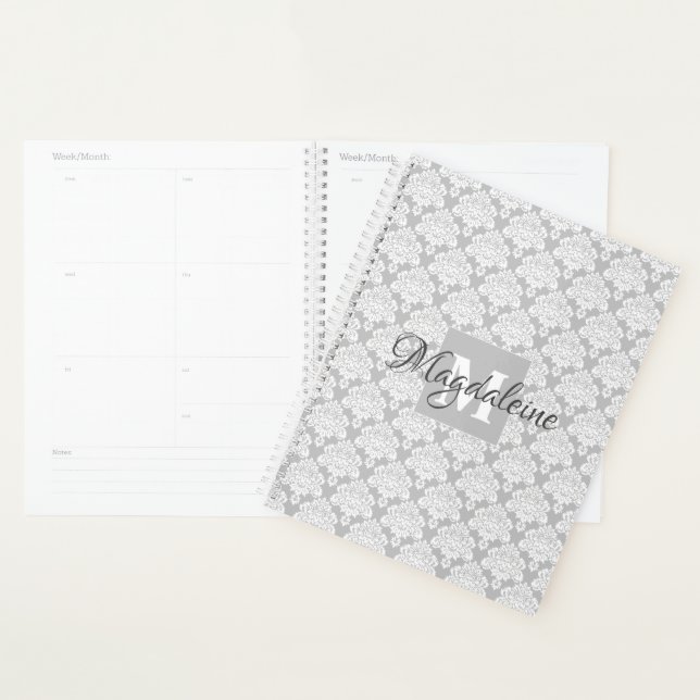 Ornate Feminine Gray & White Damask Name Monogram Planner (Display)