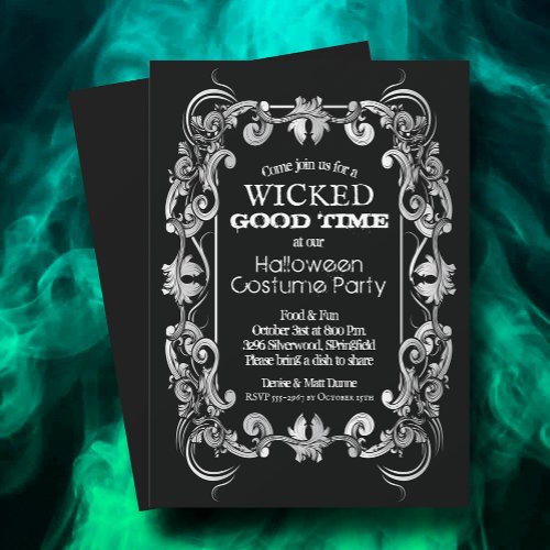 Ornate Filigree Border on Black Halloween Invitation