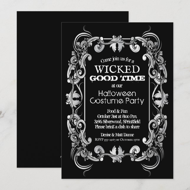 Ornate Filigree Border on Black Halloween Invites (Front/Back)