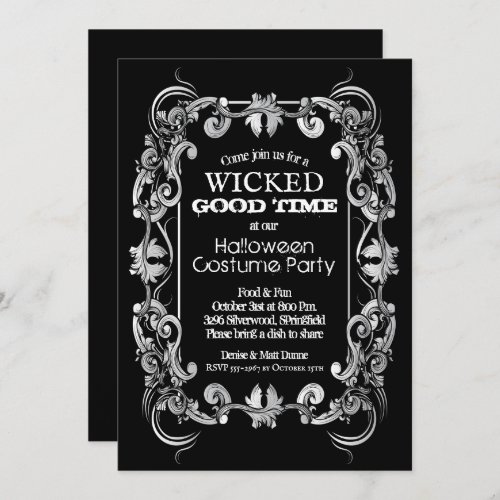 Ornate Filigree Border on Black Halloween Invites