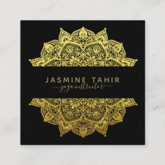 Ornate Filigree Gold Black Mandala Yoga Instructor Square Business Card