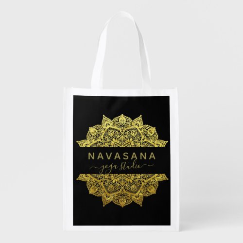 Ornate Filigree Royal Indian Gold Mandala On Black Grocery Bag