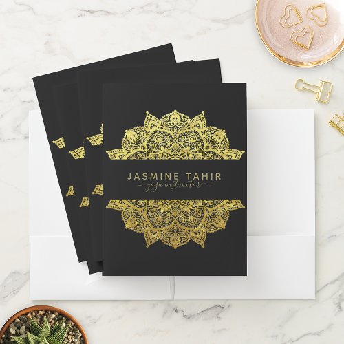 Ornate Filigree Royal Indian Gold Mandala on Black Pocket Folder