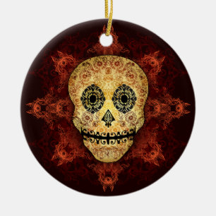 Ornate Flame Sugar Skull Ceramic Ornament