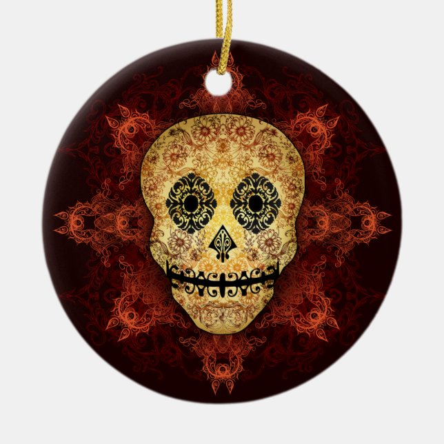 Ornate Flame Sugar Skull Ceramic Ornament (Front)