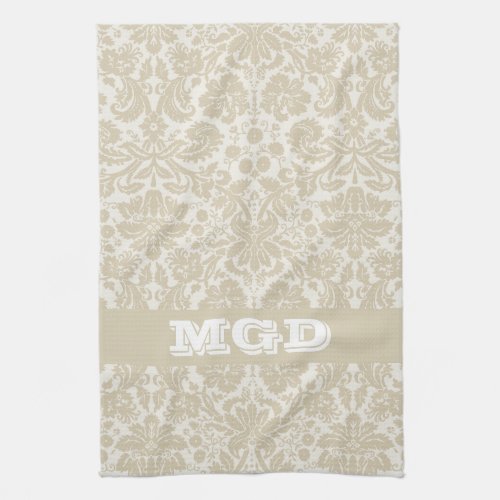 Ornate floral art nouveau pattern beige monogram kitchen towel