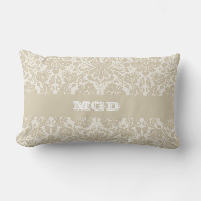 Ornate floral art nouveau pattern beige monogram lumbar pillow (Front)